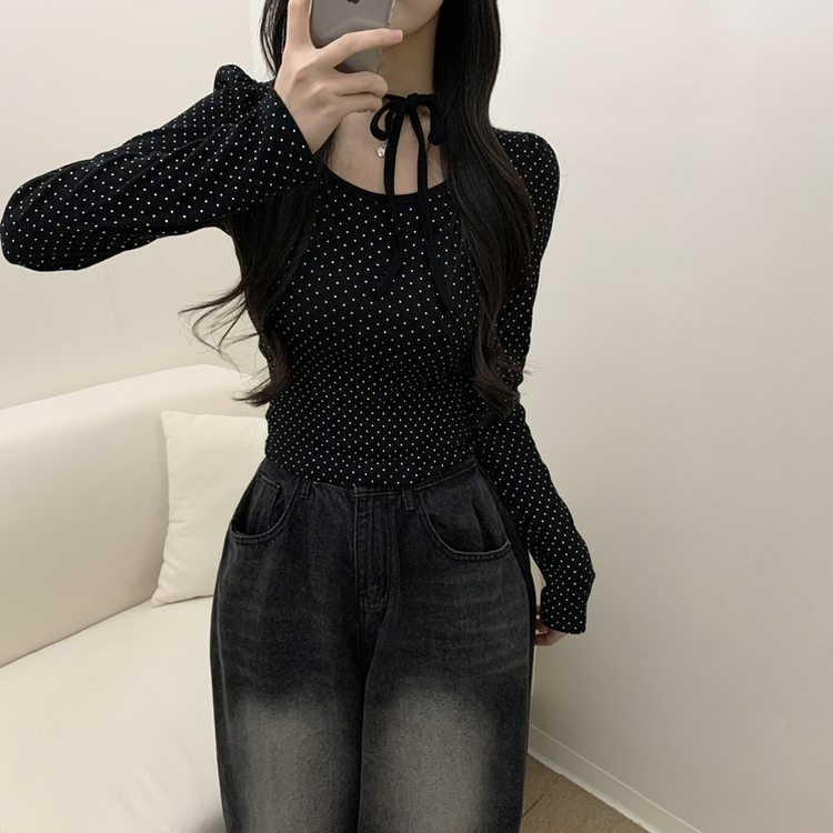 【タイ付き】ドットリボンストラップ長袖Tシャツ BLACK