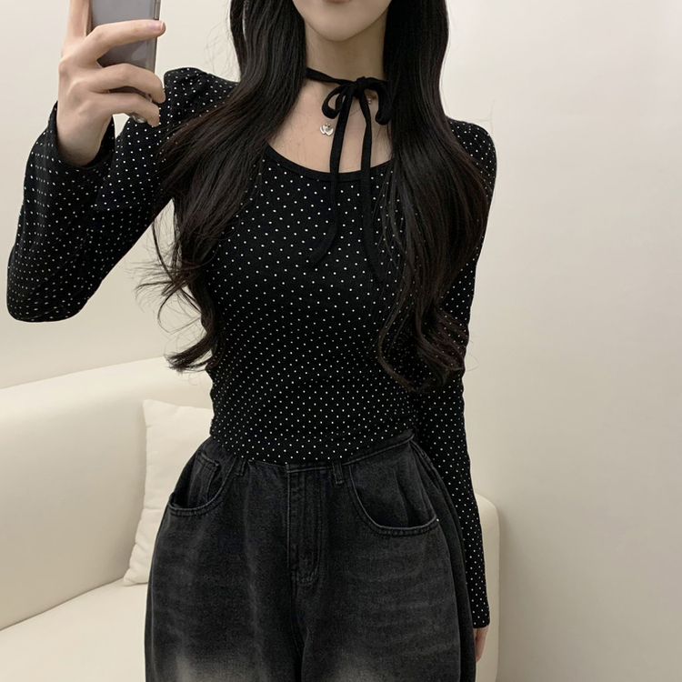 【タイ付き】ドットリボンストラップ長袖Tシャツ BLACK