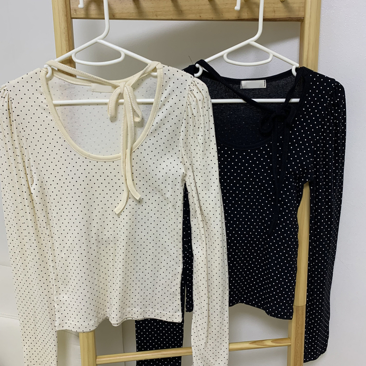【タイ付き】ドットリボンストラップ長袖Tシャツ
