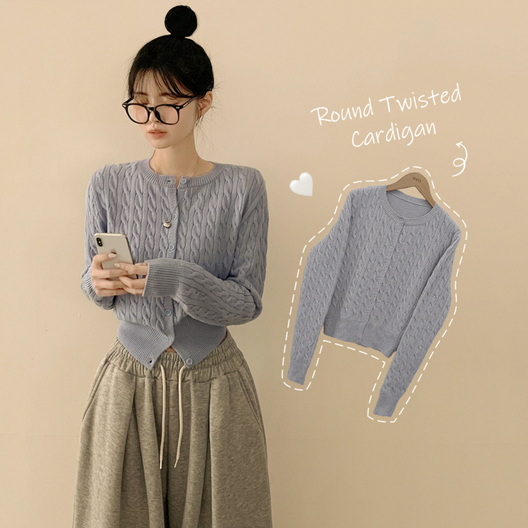 허리 잘잡아주는 꽈배기 라운드 크롭 기본 슬림핏 허리잘록 니트가디건 아이보리