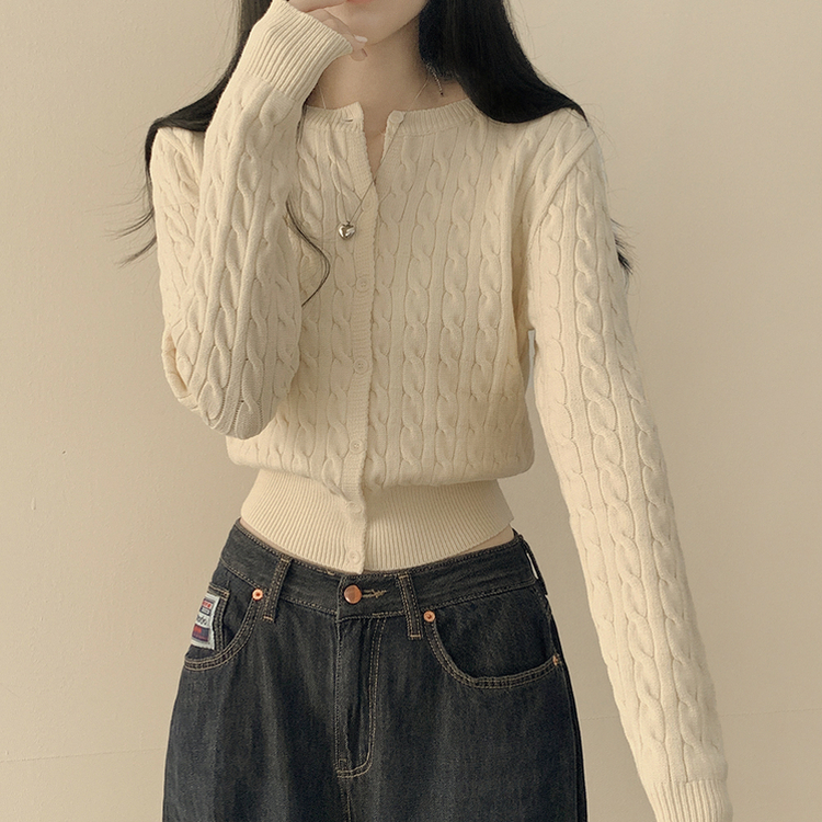 허리 잘잡아주는 꽈배기 라운드 크롭 기본 슬림핏 허리잘록 니트가디건 아이보리