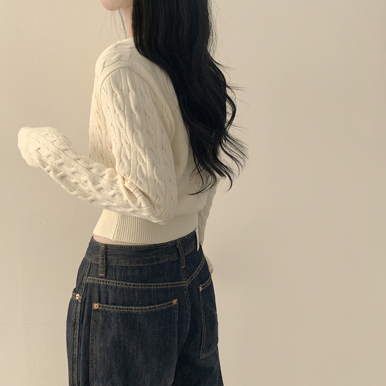 허리 잘잡아주는 꽈배기 라운드 크롭 기본 슬림핏 허리잘록 니트가디건 아이보리