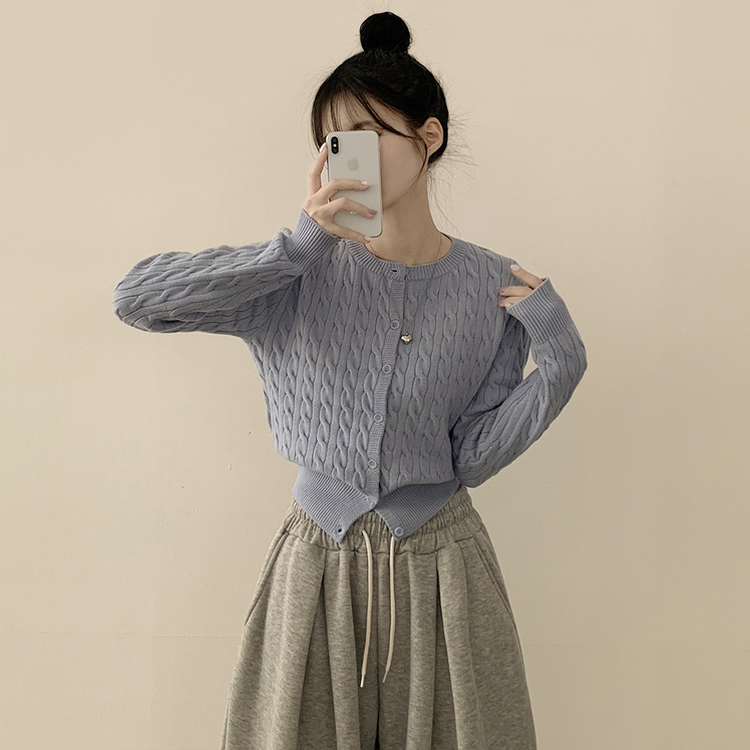 허리 잘잡아주는 꽈배기 라운드 크롭 기본 슬림핏 허리잘록 니트가디건 소라