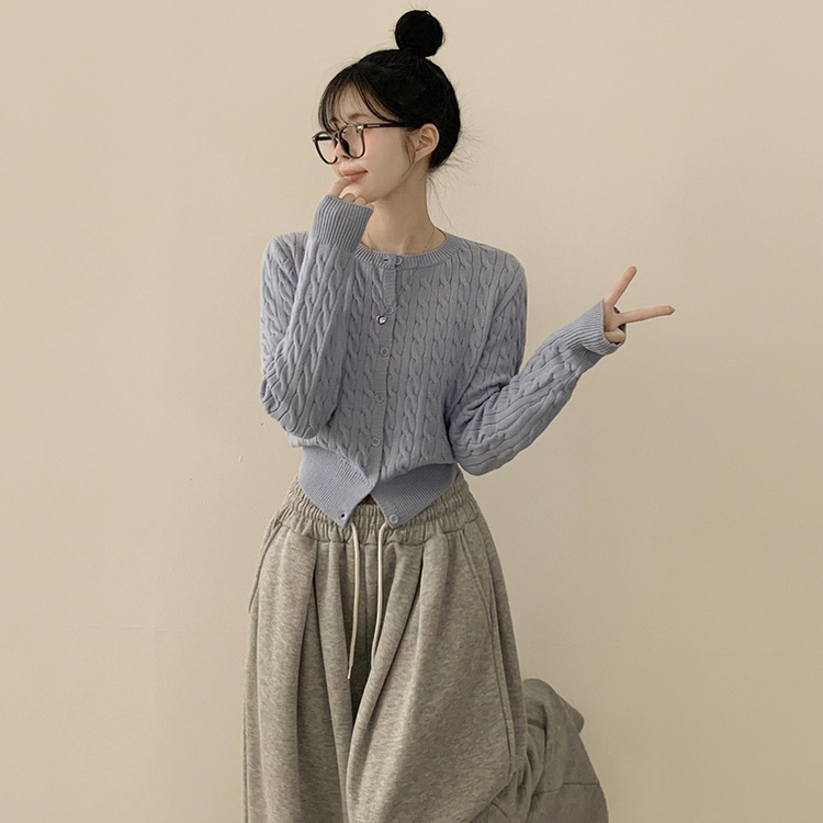허리 잘잡아주는 꽈배기 라운드 크롭 기본 슬림핏 허리잘록 니트가디건 소라