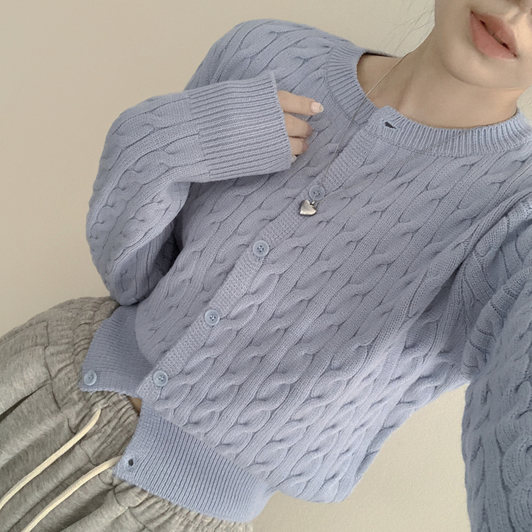 허리 잘잡아주는 꽈배기 라운드 크롭 기본 슬림핏 허리잘록 니트가디건 소라