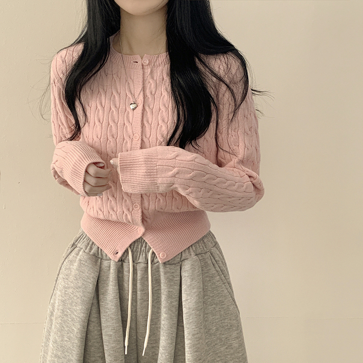 허리 잘잡아주는 꽈배기 라운드 크롭 기본 슬림핏 허리잘록 니트가디건 핑크