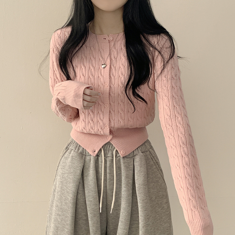 허리 잘잡아주는 꽈배기 라운드 크롭 기본 슬림핏 허리잘록 니트가디건 핑크