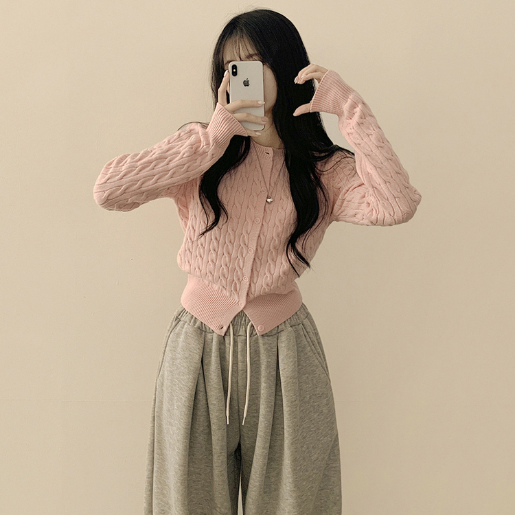 허리 잘잡아주는 꽈배기 라운드 크롭 기본 슬림핏 허리잘록 니트가디건 핑크