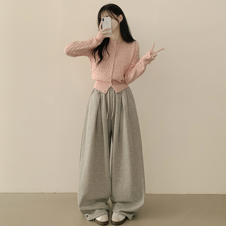 허리 잘잡아주는 꽈배기 라운드 크롭 기본 슬림핏 허리잘록 니트가디건 핑크