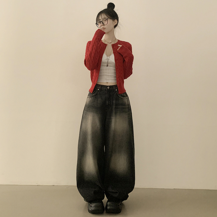 허리 잘잡아주는 꽈배기 라운드 크롭 기본 슬림핏 허리잘록 니트가디건 레드