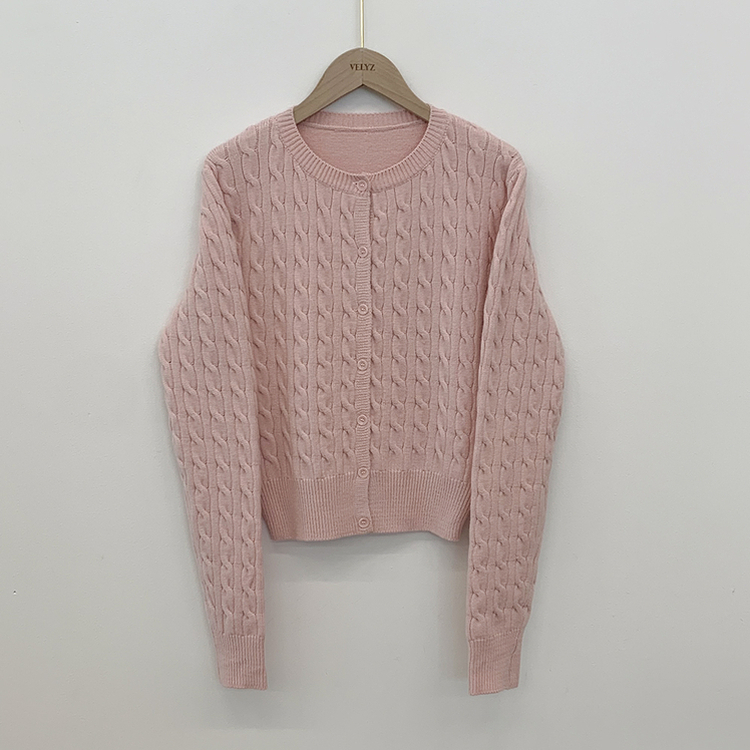 허리 잘잡아주는 꽈배기 라운드 크롭 기본 슬림핏 허리잘록 니트가디건