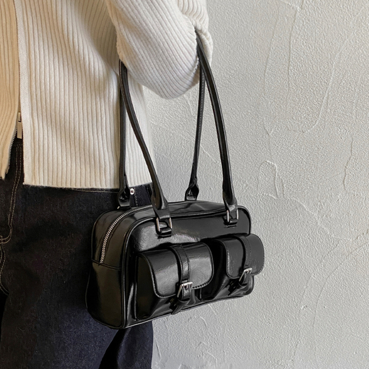 ツーポケットレザーショルダーバッグバッグ BLACK