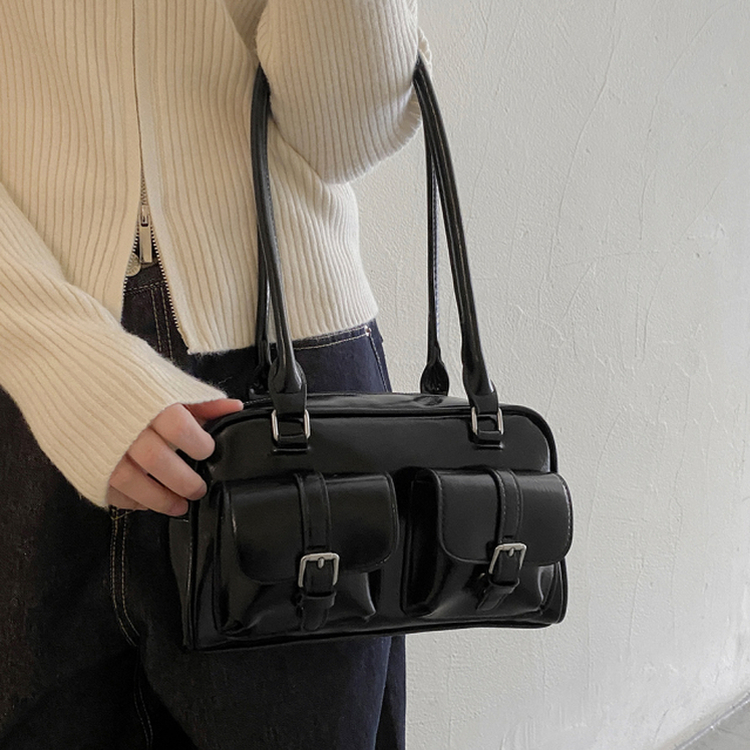 ツーポケットレザーショルダーバッグバッグ BLACK