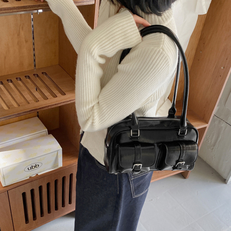 ツーポケットレザーショルダーバッグバッグ BLACK