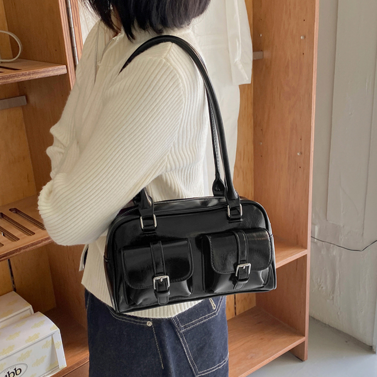 ツーポケットレザーショルダーバッグバッグ BLACK