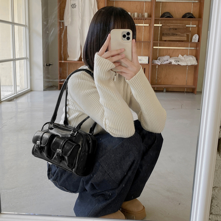 ツーポケットレザーショルダーバッグバッグ BLACK