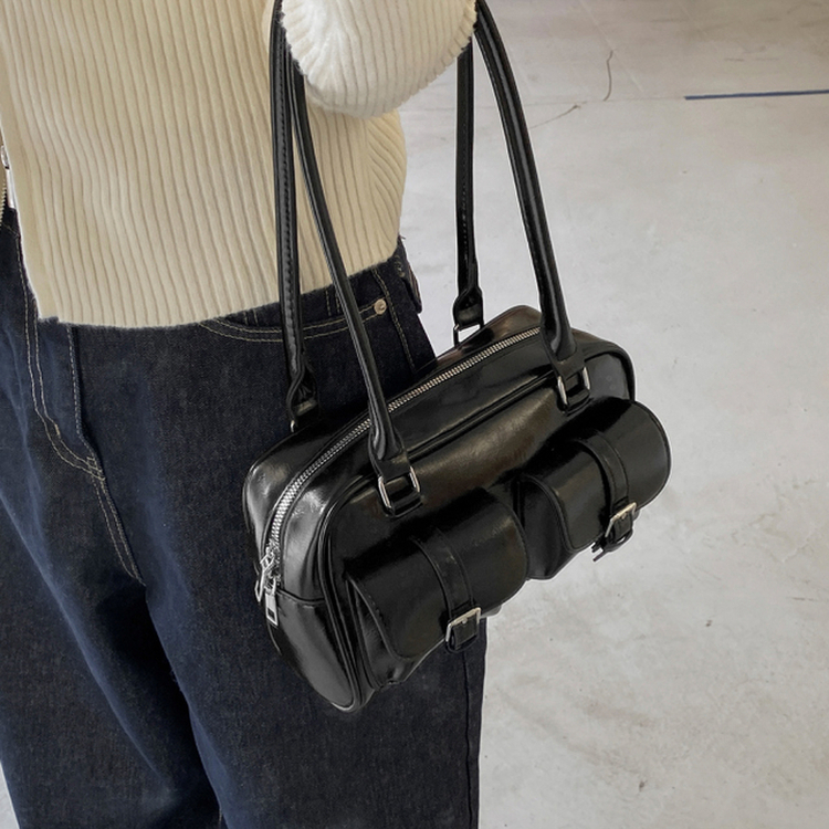 ツーポケットレザーショルダーバッグバッグ BLACK