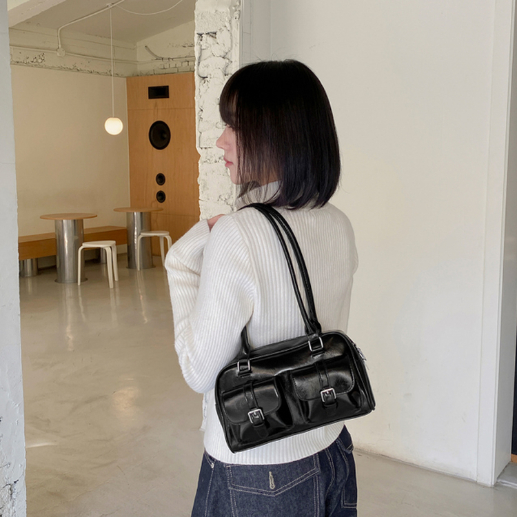 ツーポケットレザーショルダーバッグバッグ BLACK