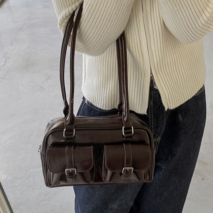 ツーポケットレザーショルダーバッグバッグ BROWN