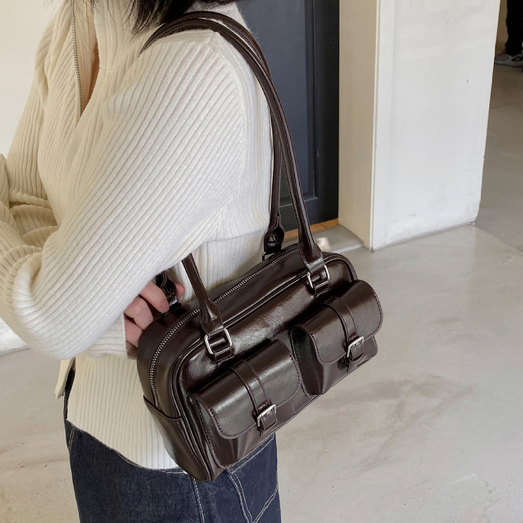 バッグ ツーポケットレザーショルダーバッグバッグ BROWN