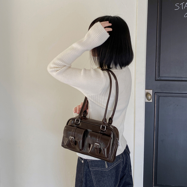 ツーポケットレザーショルダーバッグバッグ BROWN
