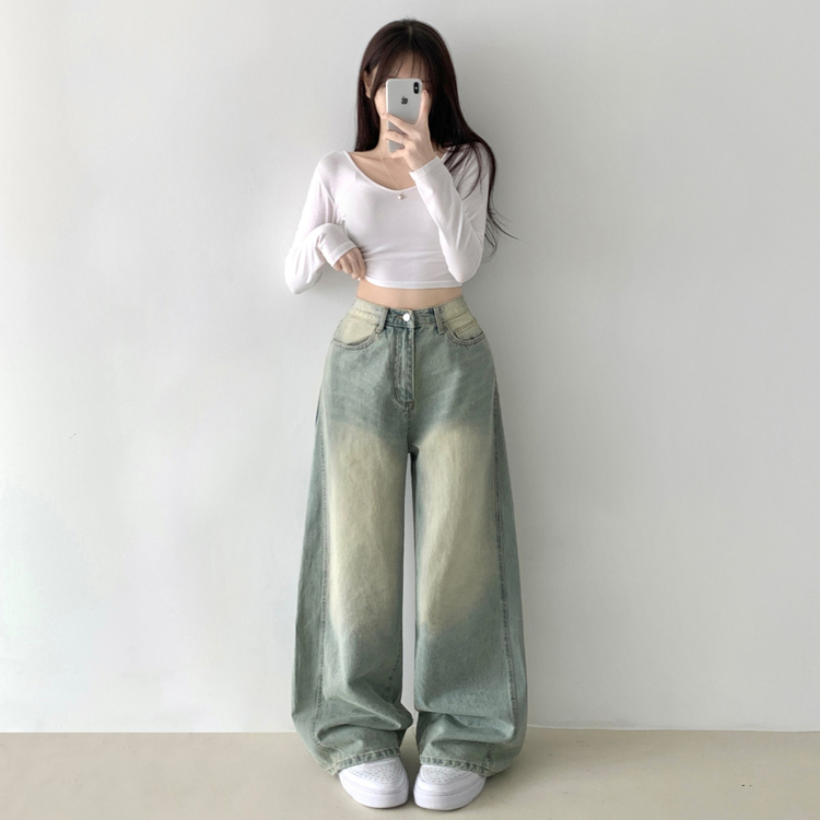 보스턴 빈티지 워싱 사이드 절개 로우 하이웨스트 와이드 데님 팬츠 연청