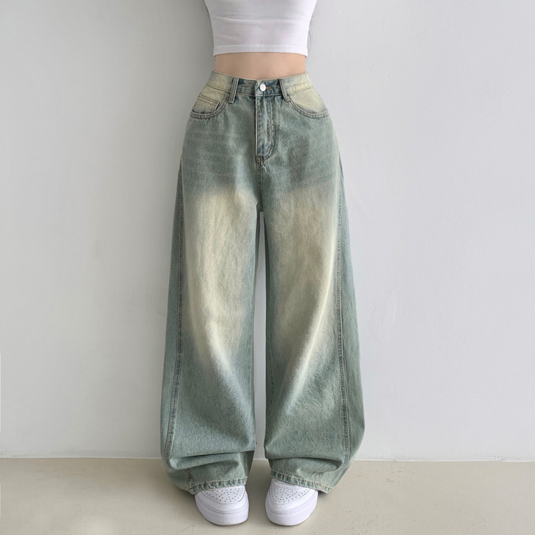 보스턴 빈티지 워싱 사이드 절개 로우 하이웨스트 와이드 데님 팬츠 연청