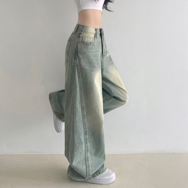 보스턴 빈티지 워싱 사이드 절개 로우 하이웨스트 와이드 데님 팬츠 연청