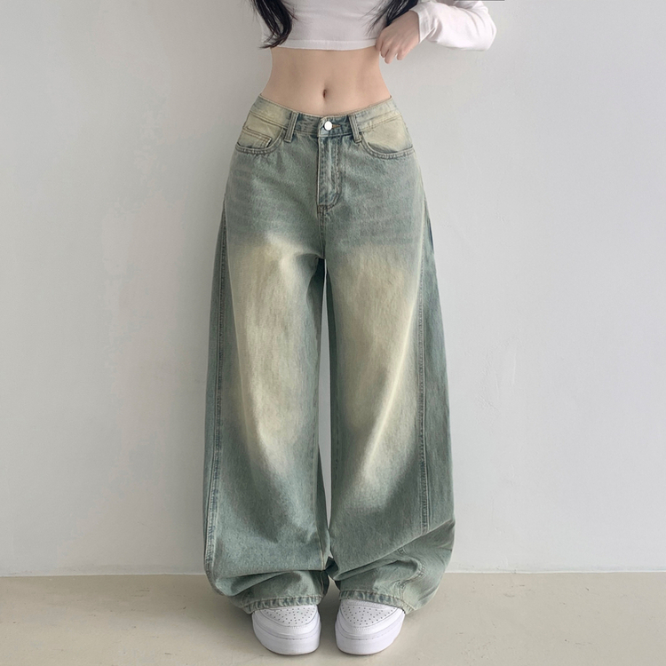 보스턴 빈티지 워싱 사이드 절개 로우 하이웨스트 와이드 데님 팬츠 연청