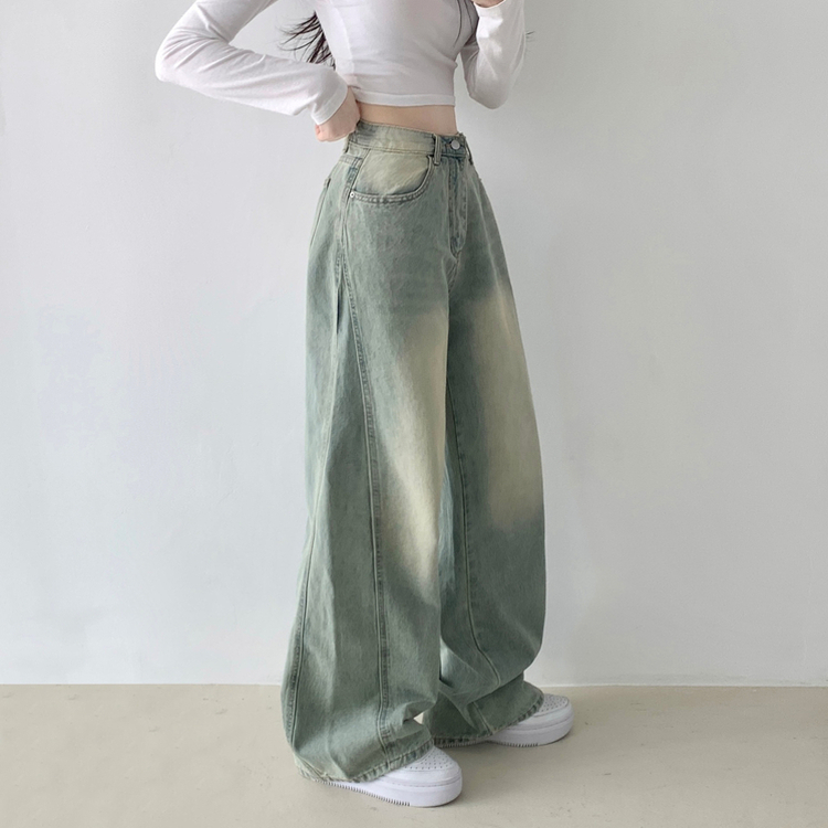 보스턴 빈티지 워싱 사이드 절개 로우 하이웨스트 와이드 데님 팬츠 연청