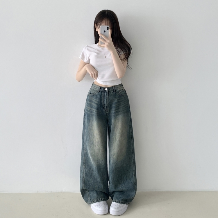 보스턴 빈티지 워싱 사이드 절개 로우 하이웨스트 와이드 데님 팬츠 진청