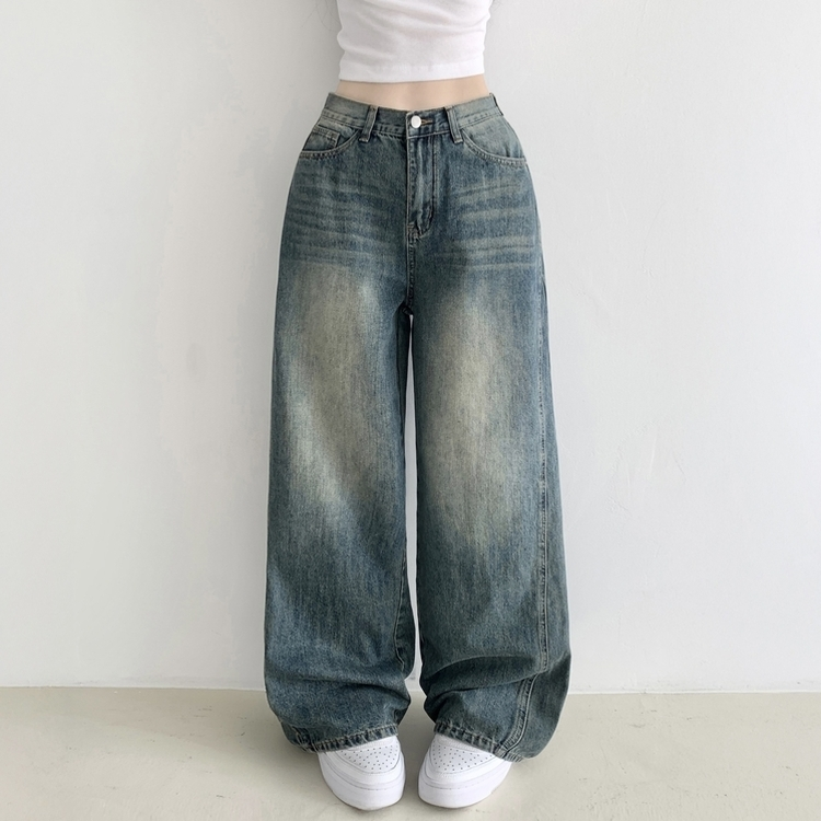 보스턴 빈티지 워싱 사이드 절개 로우 하이웨스트 와이드 데님 팬츠 진청