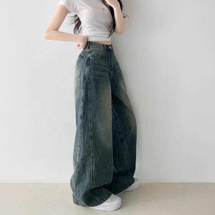 보스턴 빈티지 워싱 사이드 절개 로우 하이웨스트 와이드 데님 팬츠 진청