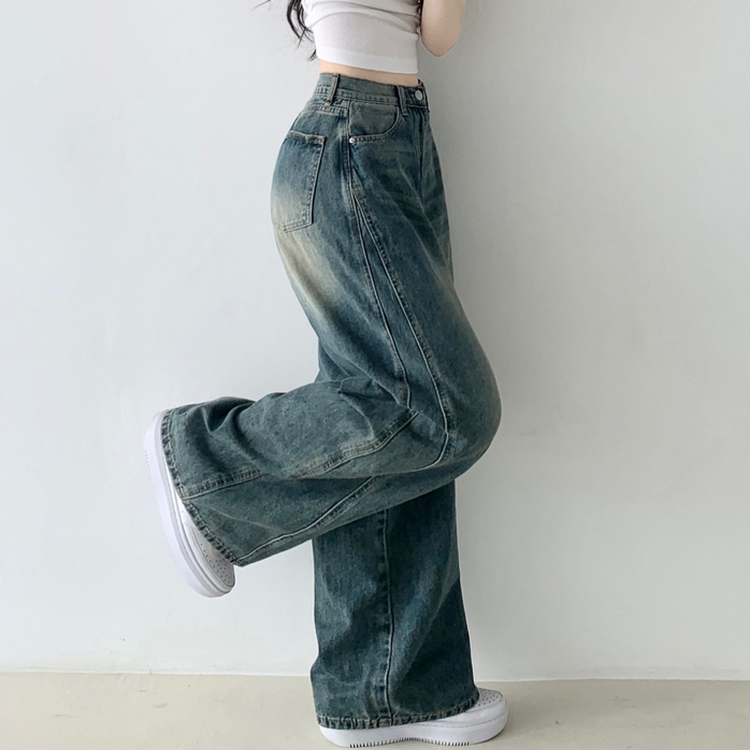 보스턴 빈티지 워싱 사이드 절개 로우 하이웨스트 와이드 데님 팬츠 진청