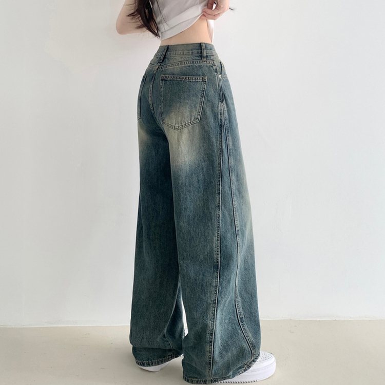 보스턴 빈티지 워싱 사이드 절개 로우 하이웨스트 와이드 데님 팬츠 진청