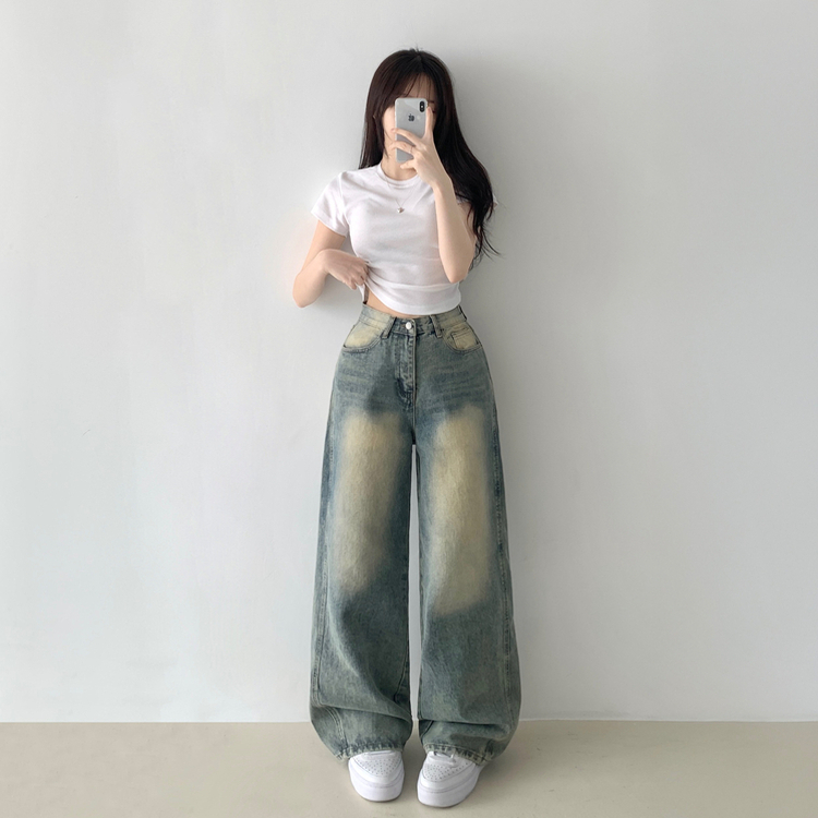 보스턴 빈티지 워싱 사이드 절개 로우 하이웨스트 와이드 데님 팬츠 중청