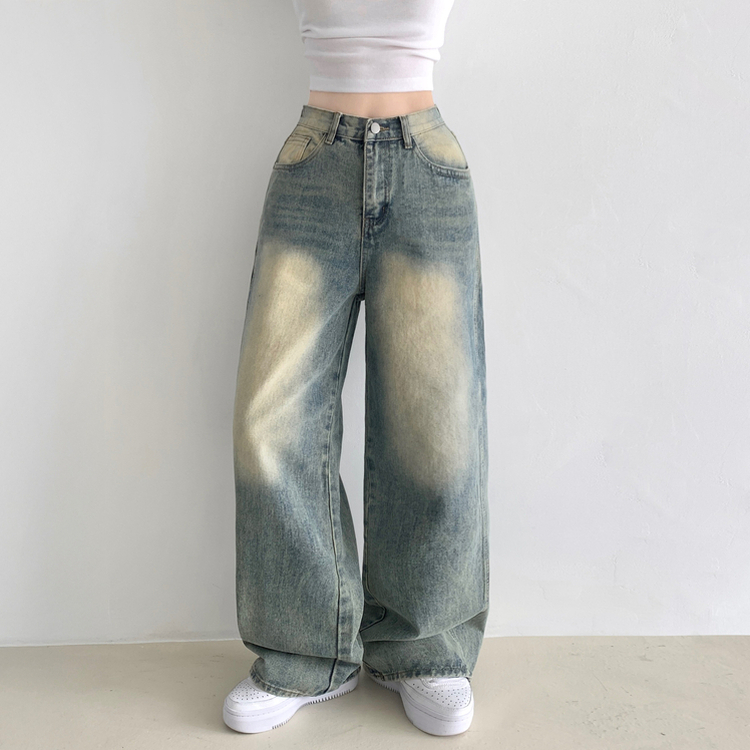 보스턴 빈티지 워싱 사이드 절개 로우 하이웨스트 와이드 데님 팬츠 중청