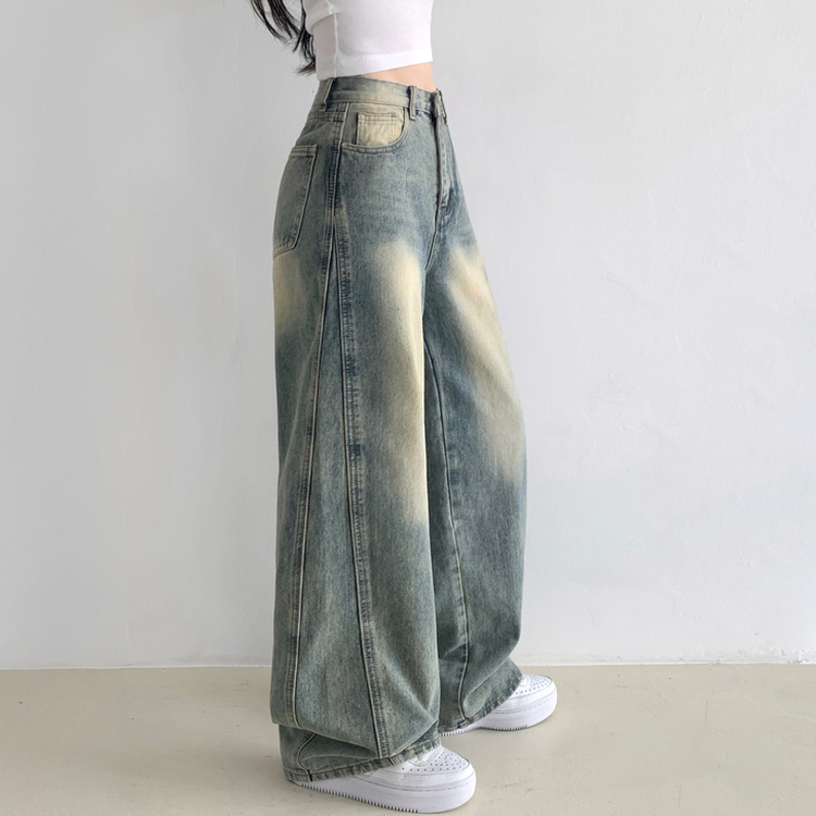 보스턴 빈티지 워싱 사이드 절개 로우 하이웨스트 와이드 데님 팬츠 중청