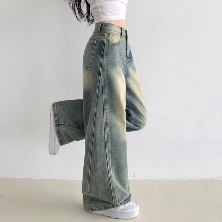 보스턴 빈티지 워싱 사이드 절개 로우 하이웨스트 와이드 데님 팬츠 중청