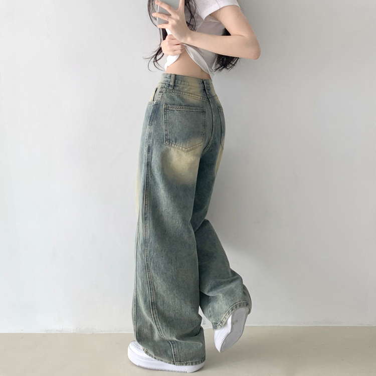 보스턴 빈티지 워싱 사이드 절개 로우 하이웨스트 와이드 데님 팬츠 중청