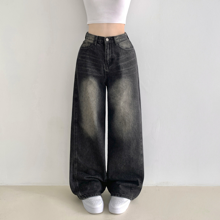 보스턴 빈티지 워싱 사이드 절개 로우 하이웨스트 와이드 데님 팬츠 흑청