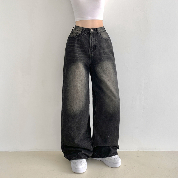 보스턴 빈티지 워싱 사이드 절개 로우 하이웨스트 와이드 데님 팬츠 흑청