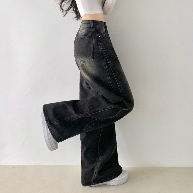 보스턴 빈티지 워싱 사이드 절개 로우 하이웨스트 와이드 데님 팬츠 흑청