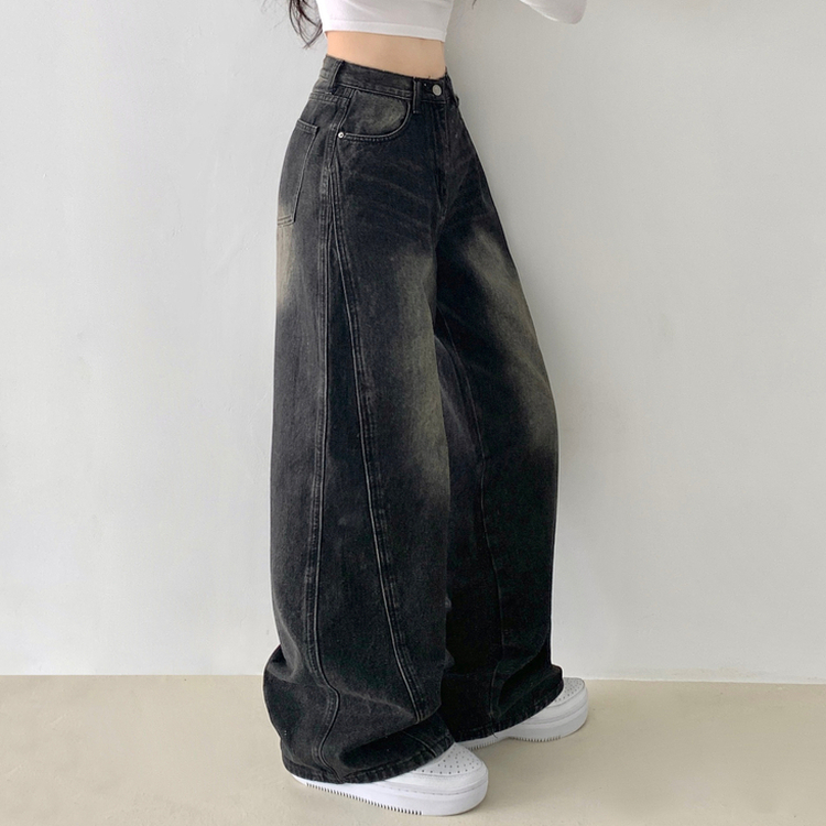 보스턴 빈티지 워싱 사이드 절개 로우 하이웨스트 와이드 데님 팬츠 흑청