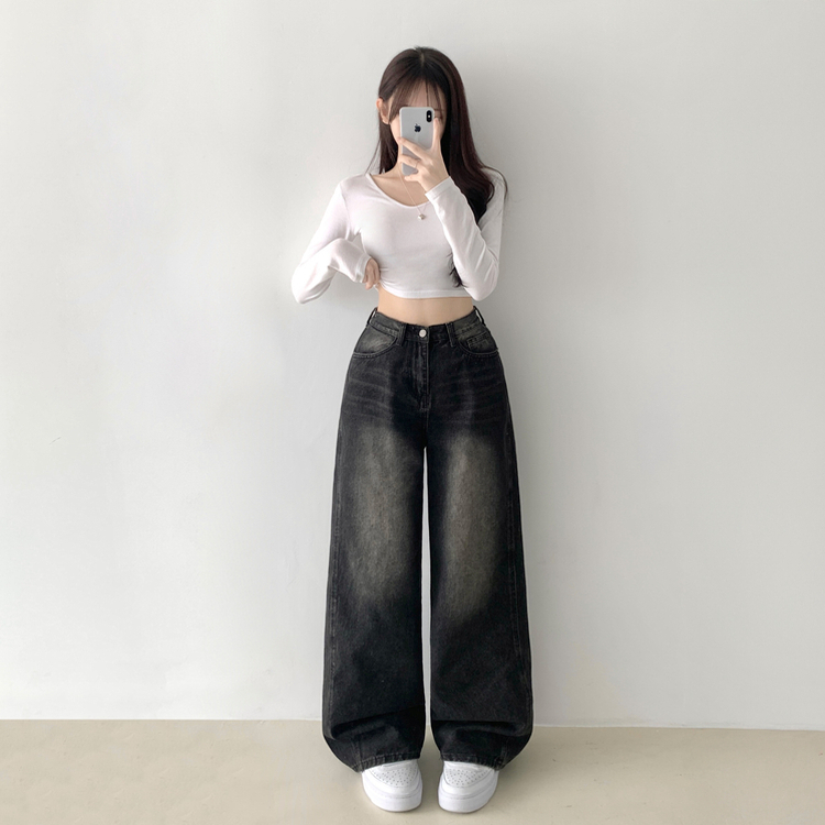 보스턴 빈티지 워싱 사이드 절개 로우 하이웨스트 와이드 데님 팬츠 흑청