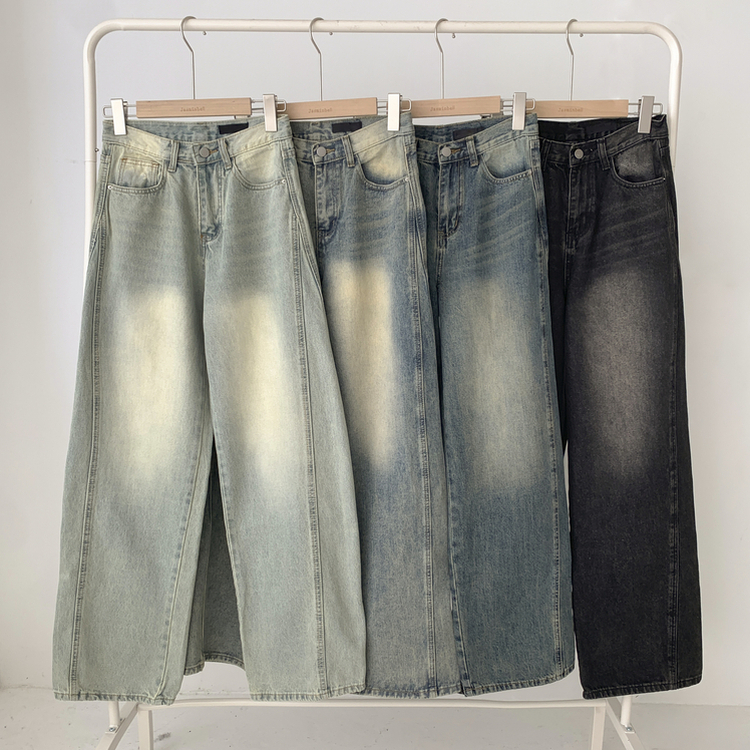 보스턴 빈티지 워싱 사이드 절개 로우 하이웨스트 와이드 데님 팬츠