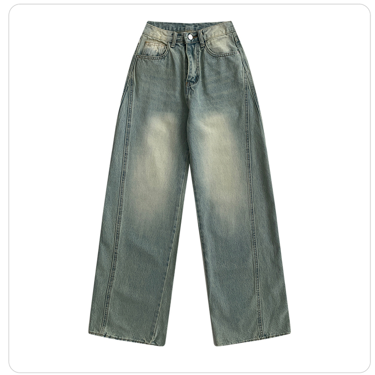 보스턴 빈티지 워싱 사이드 절개 로우 하이웨스트 와이드 데님 팬츠