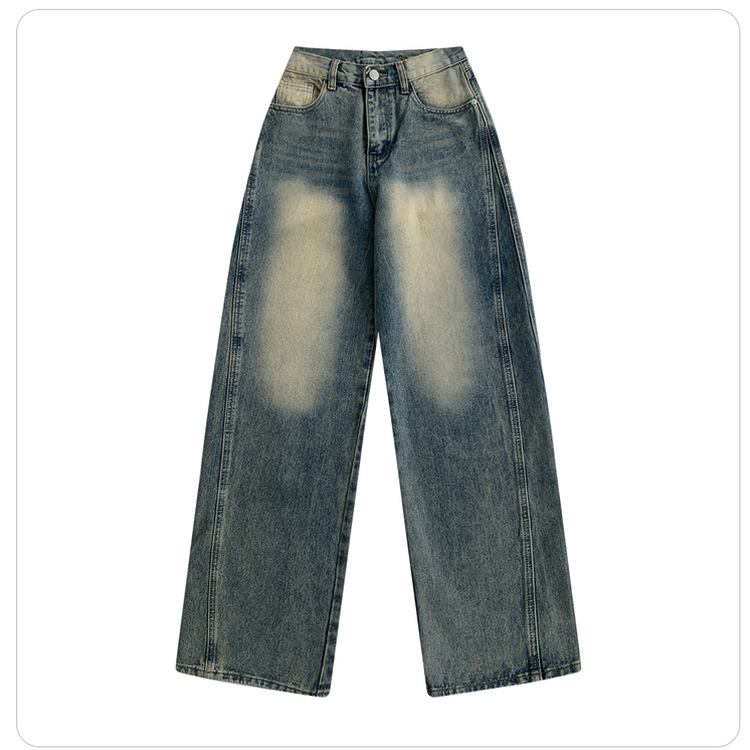 보스턴 빈티지 워싱 사이드 절개 로우 하이웨스트 와이드 데님 팬츠