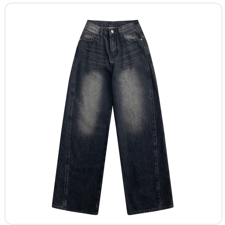 보스턴 빈티지 워싱 사이드 절개 로우 하이웨스트 와이드 데님 팬츠