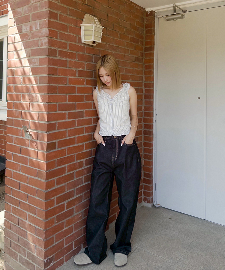 刺繍ワイドデニムパンツ DARK BLUE